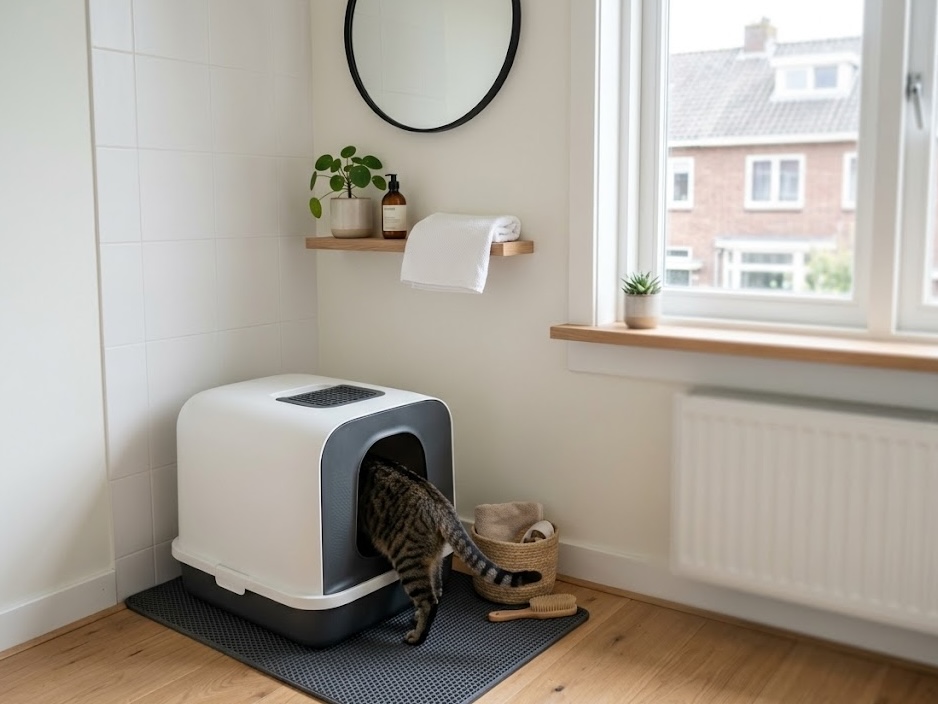 Gesloten kattenbak in een badkamer